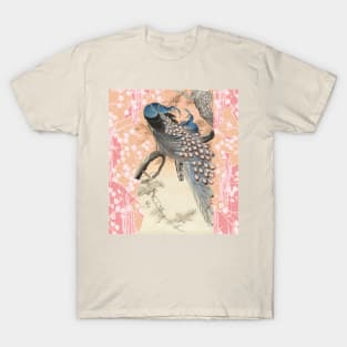 PEACOCKS WITH PINK WHITE SAKURA FLOWERS Antique Japanese Floral T-Shirt